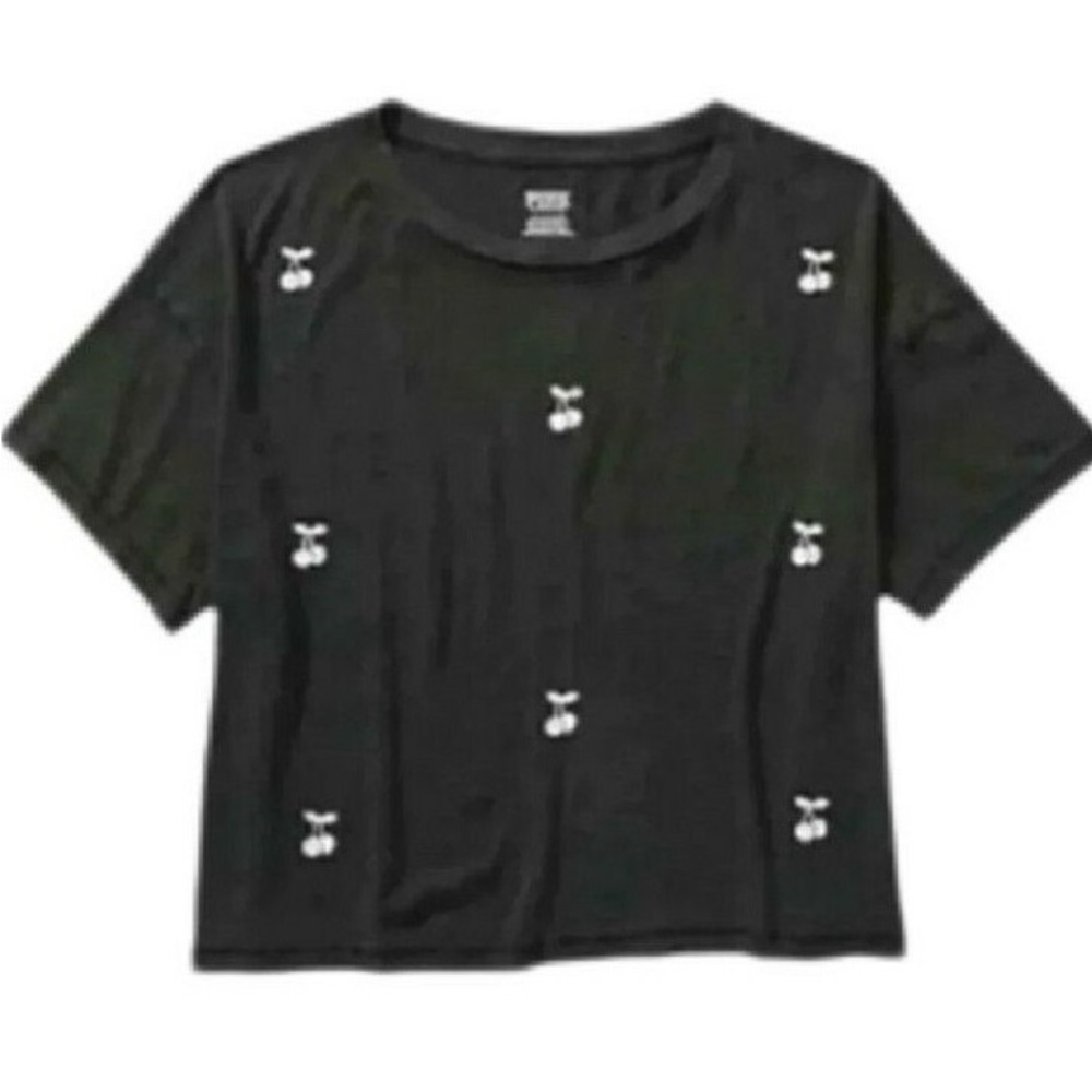 PINK Victoria's Secret Black Short Sleeve Tee with Cherry’s Crop Tee shirt NEW